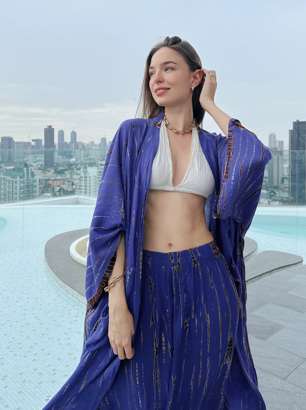 Swan Tie Dye Kimono Robe - Purple Blue